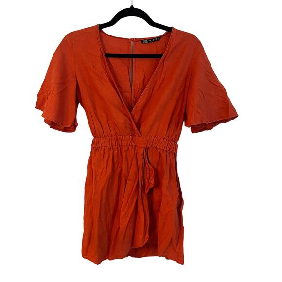 Zara Orange V-Neck Elastic Waistband Jumpsuit Romper Size XS - Picture 1 of 7